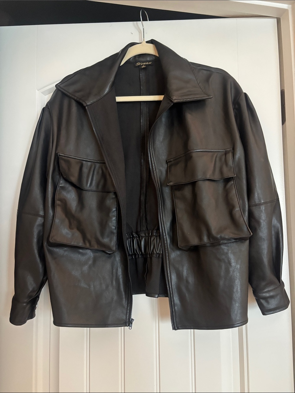 Shinestar Black Military-Inspired Leather Field Jacket
